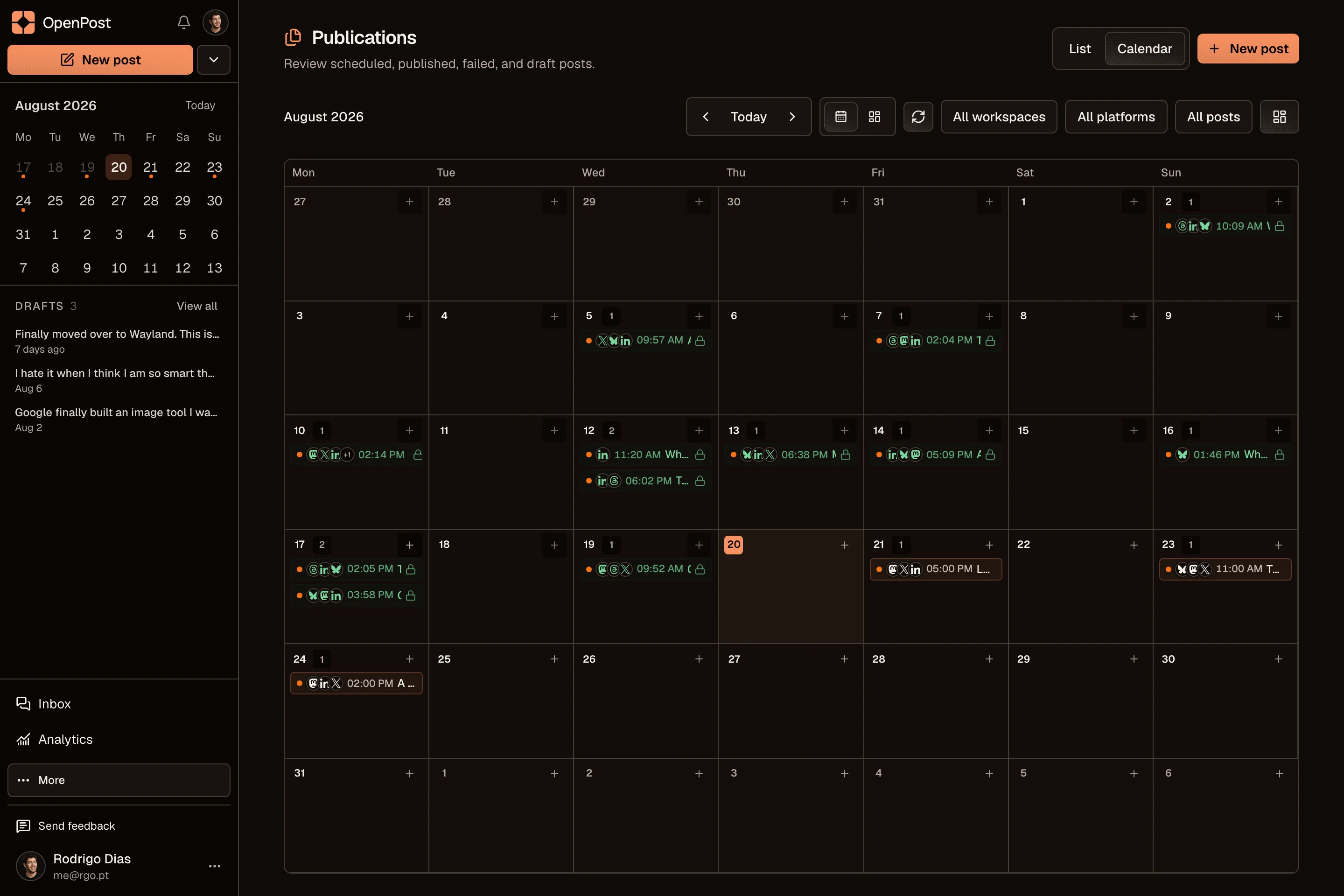OpenPost calendar for preparing Threads content