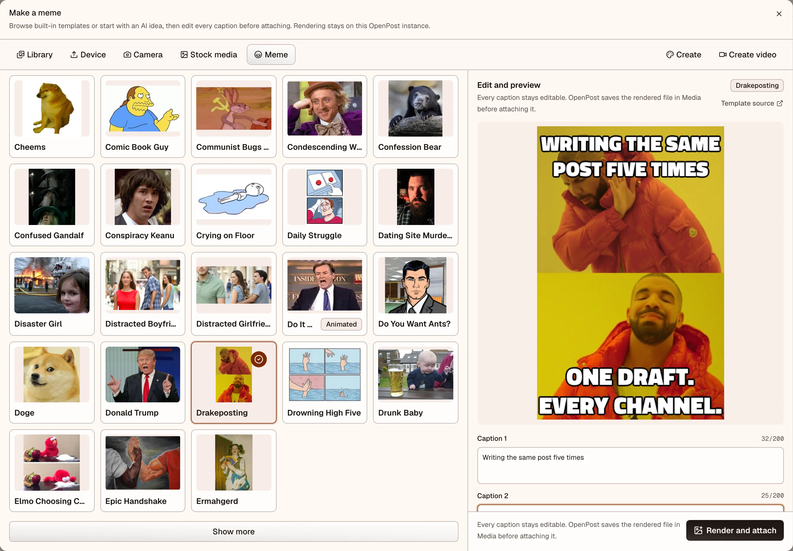 OpenPost meme creator with editable captions and a rendered Drakeposting preview